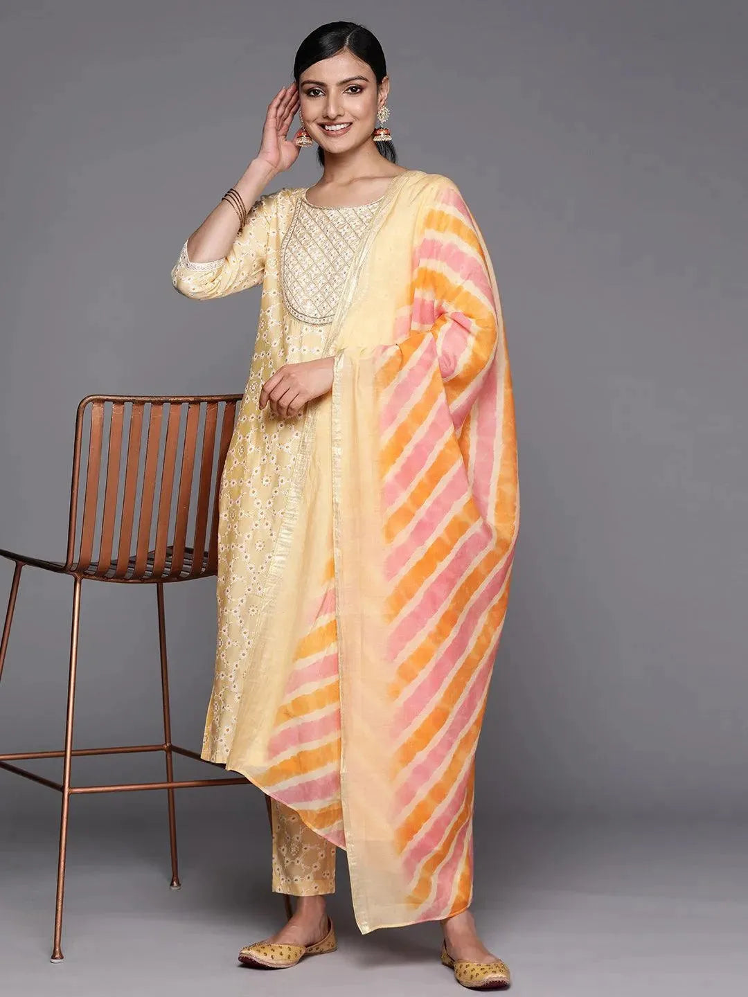 Yellow Yoke Design Silk Blend Straight Suit Set With Trousers - Libas