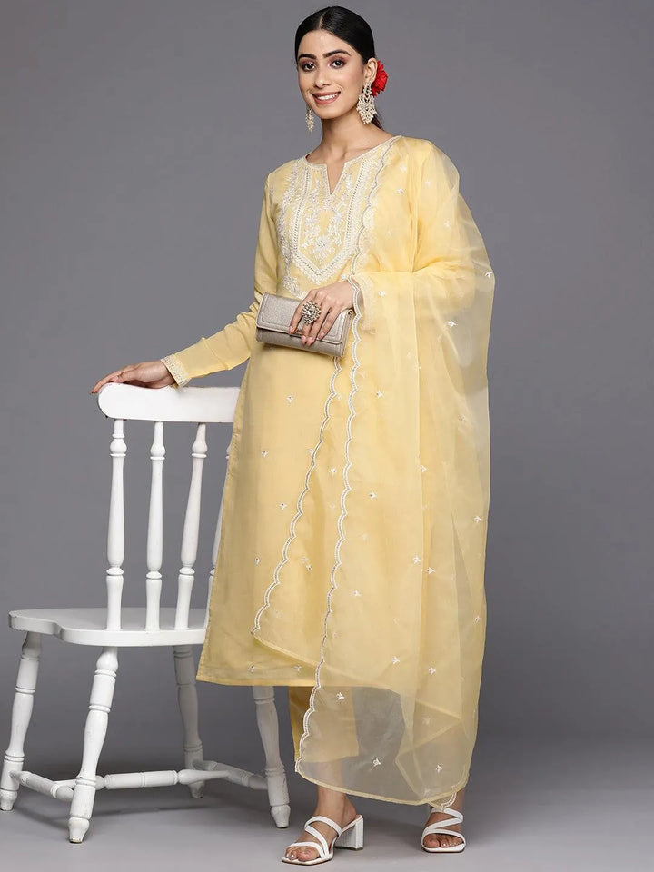 Yellow Yoke Design Silk Blend Straight Suit Set With Trousers - Libas