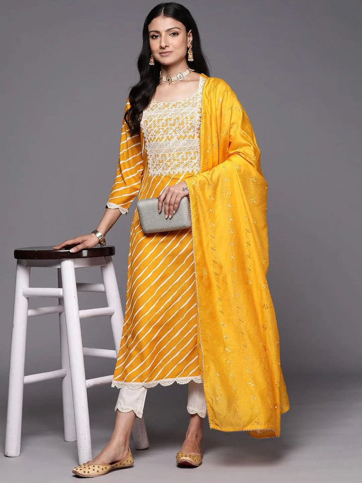 Yellow Yoke Design Silk Blend Straight Suit Set With Trousers - Libas