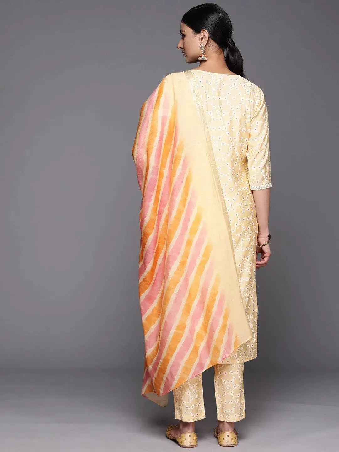 Yellow Yoke Design Silk Blend Straight Suit Set With Trousers - Libas 