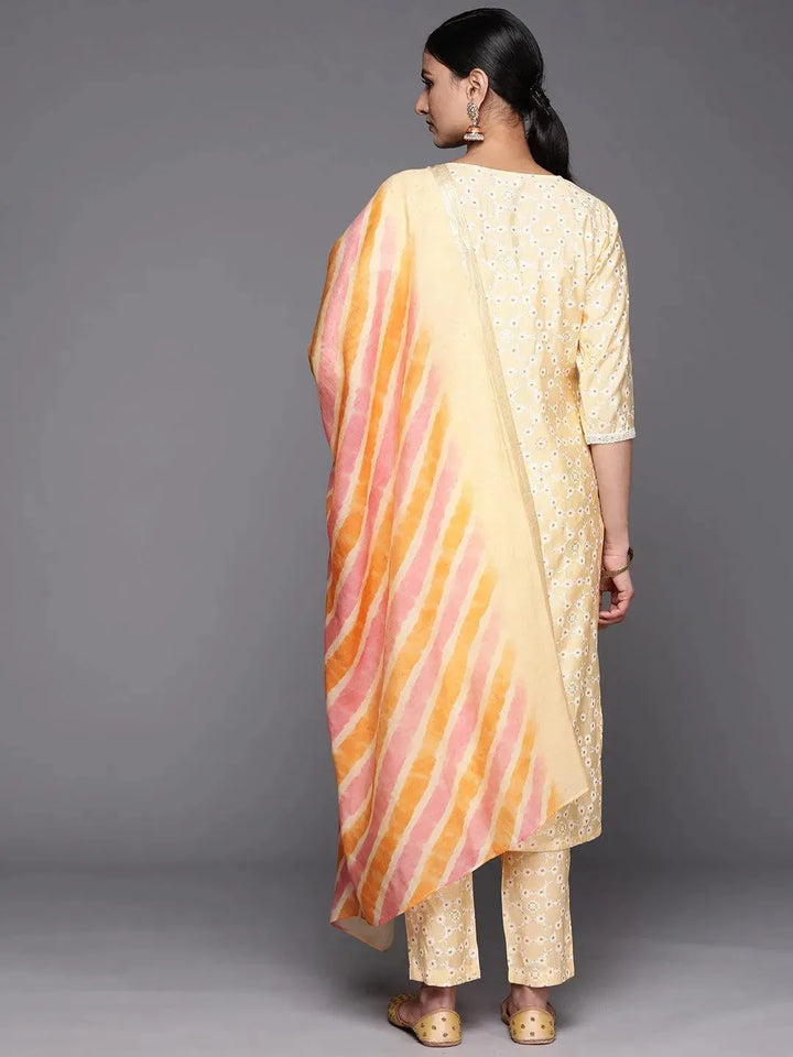 Yellow Yoke Design Silk Blend Straight Suit Set With Trousers - Libas