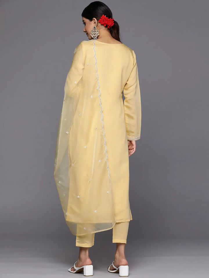 Yellow Yoke Design Silk Blend Straight Suit Set With Trousers - Libas
