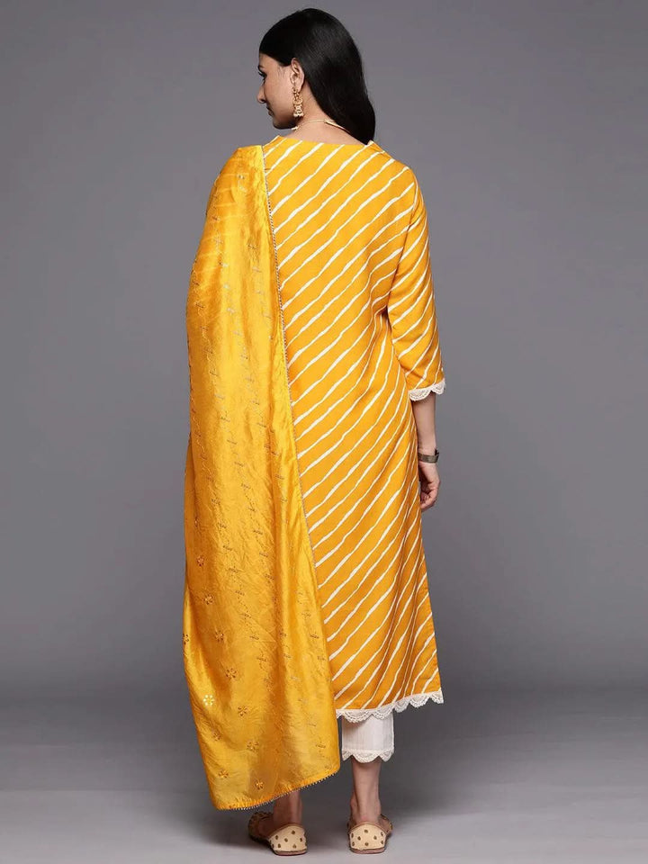 Yellow Yoke Design Silk Blend Straight Suit Set With Trousers - Libas