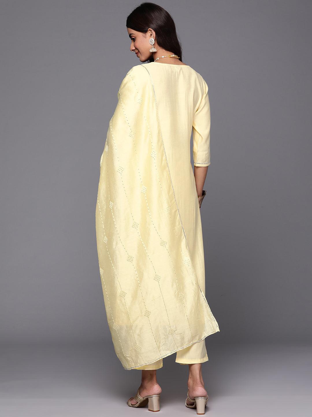 Yellow Yoke Design Silk Blend Straight Kurta With Trousers & Dupatta - Libas