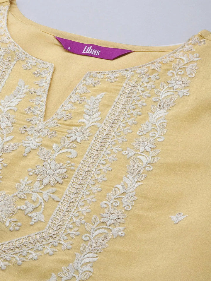 Yellow Yoke Design Silk Blend Straight Suit Set With Trousers - Libas