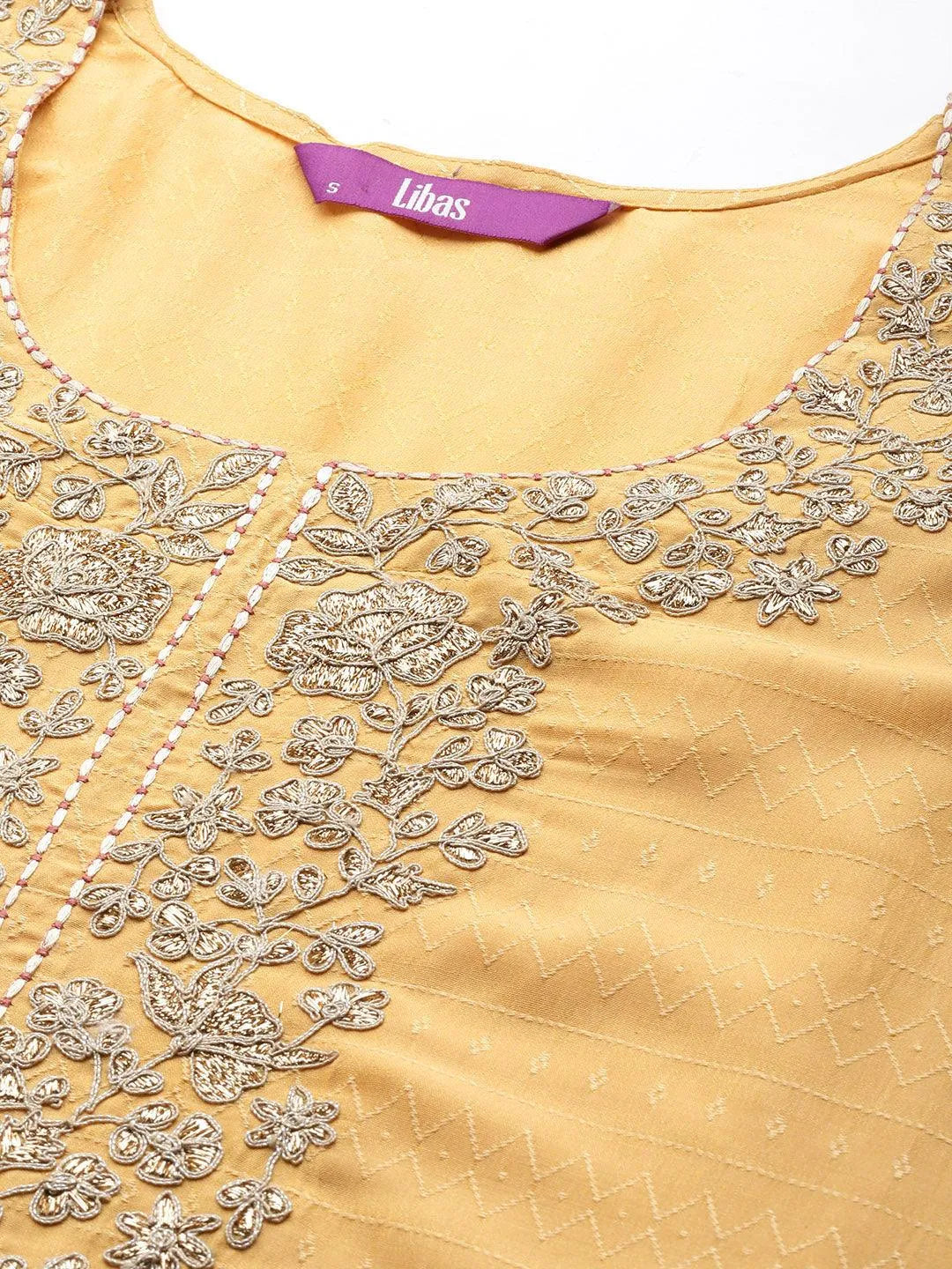Yellow Yoke Design Silk Blend Straight Suit Set With Trousers - Libas 