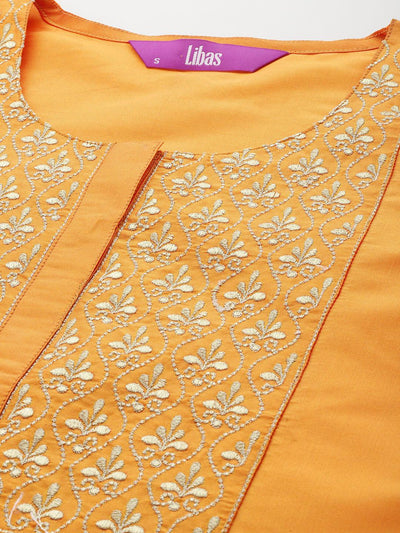 Yellow Yoke Design Silk Blend Straight Kurta With Trousers & Dupatta - Libas