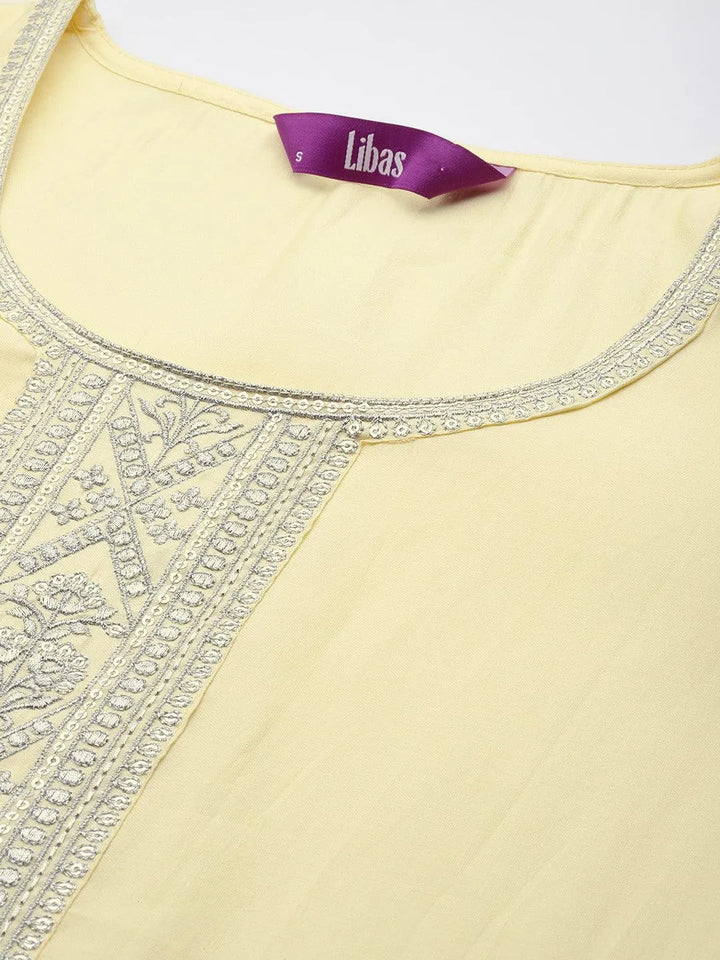 Yellow Yoke Design Silk Blend Straight Kurta With Trousers & Dupatta - Libas