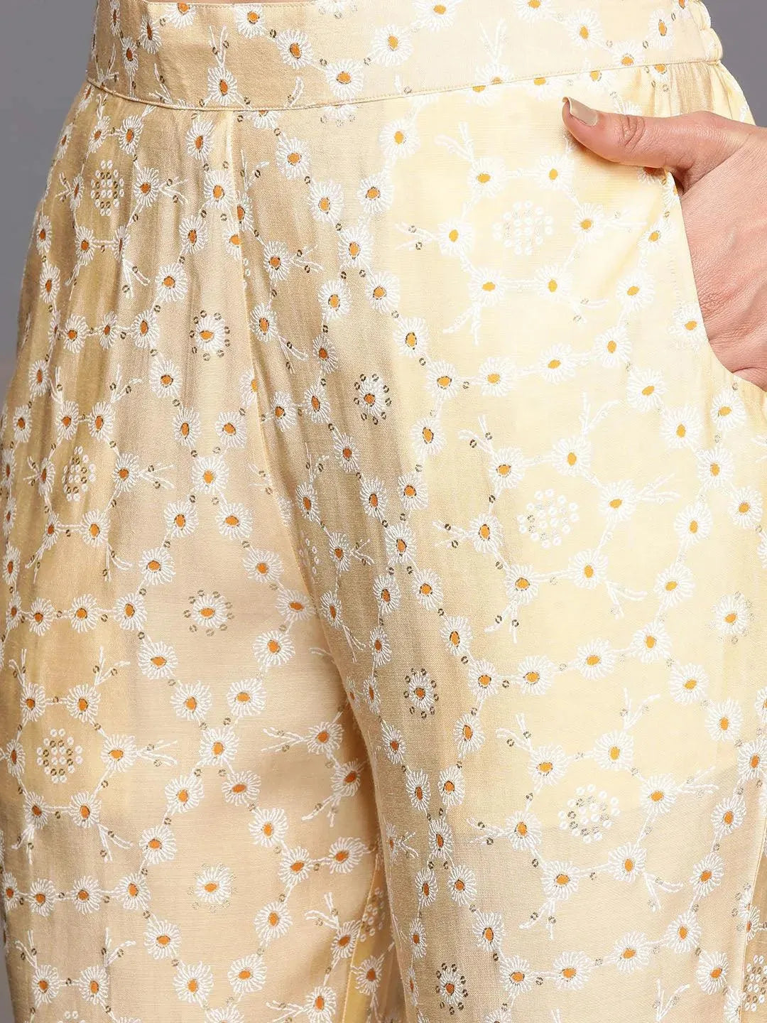 Yellow Yoke Design Silk Blend Straight Suit Set With Trousers - Libas 