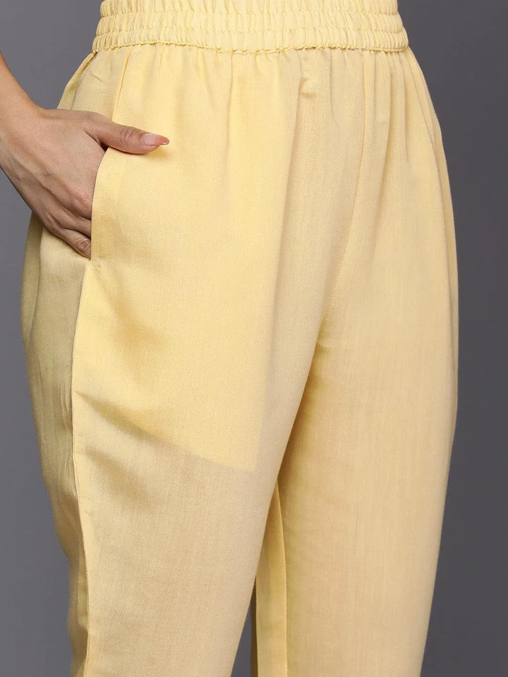 Yellow Yoke Design Silk Blend Straight Suit Set With Trousers - Libas