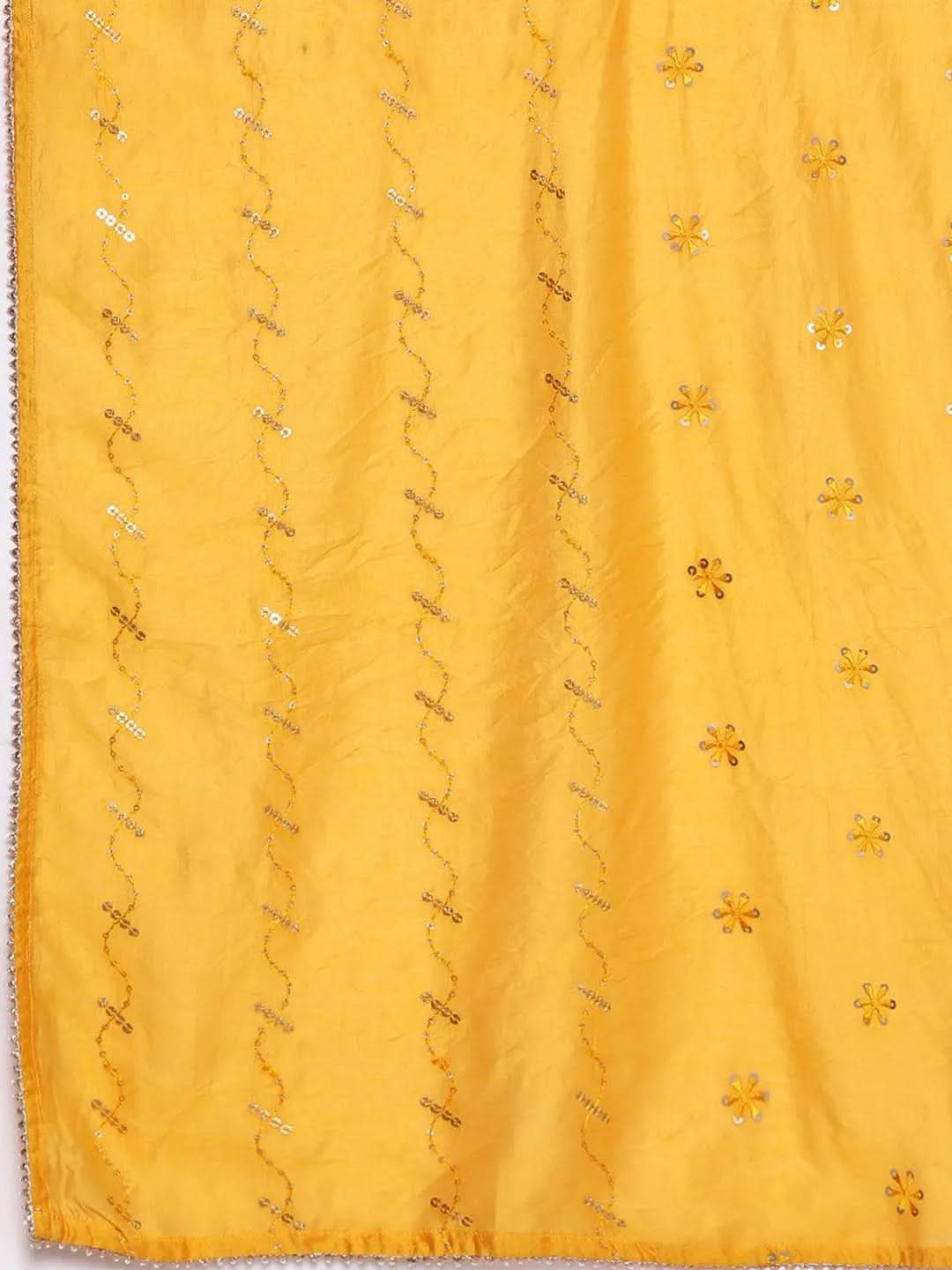 Yellow Yoke Design Silk Blend Straight Suit Set With Trousers - Libas 