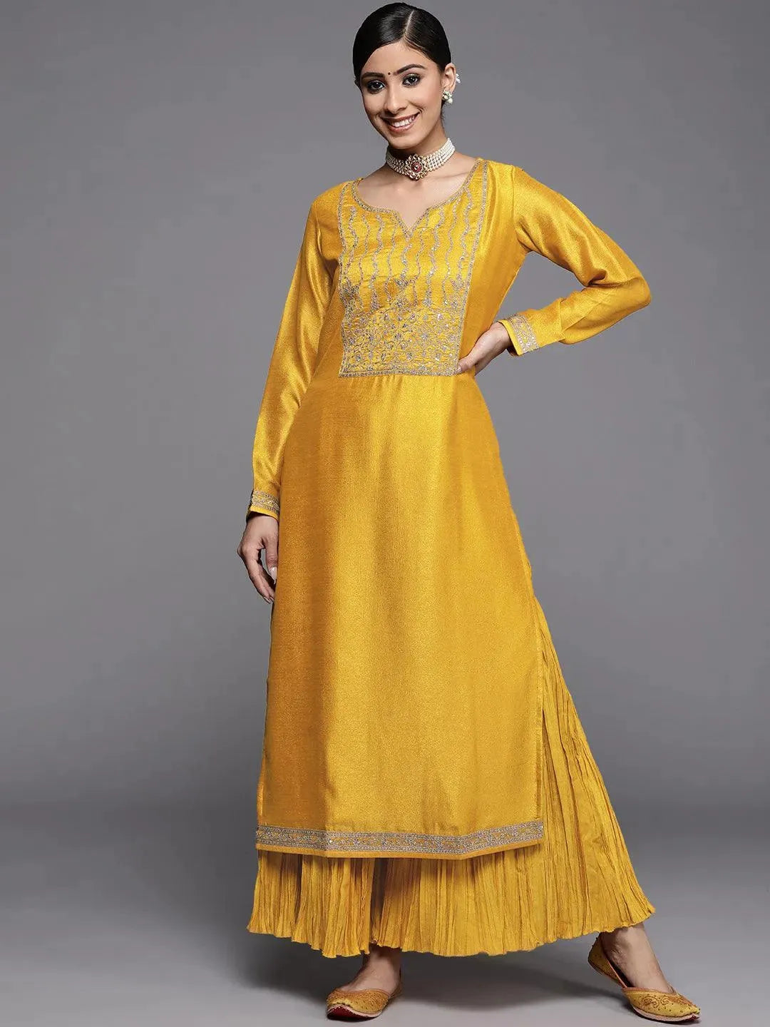 Yellow Yoke Design Silk Kurta - Libas