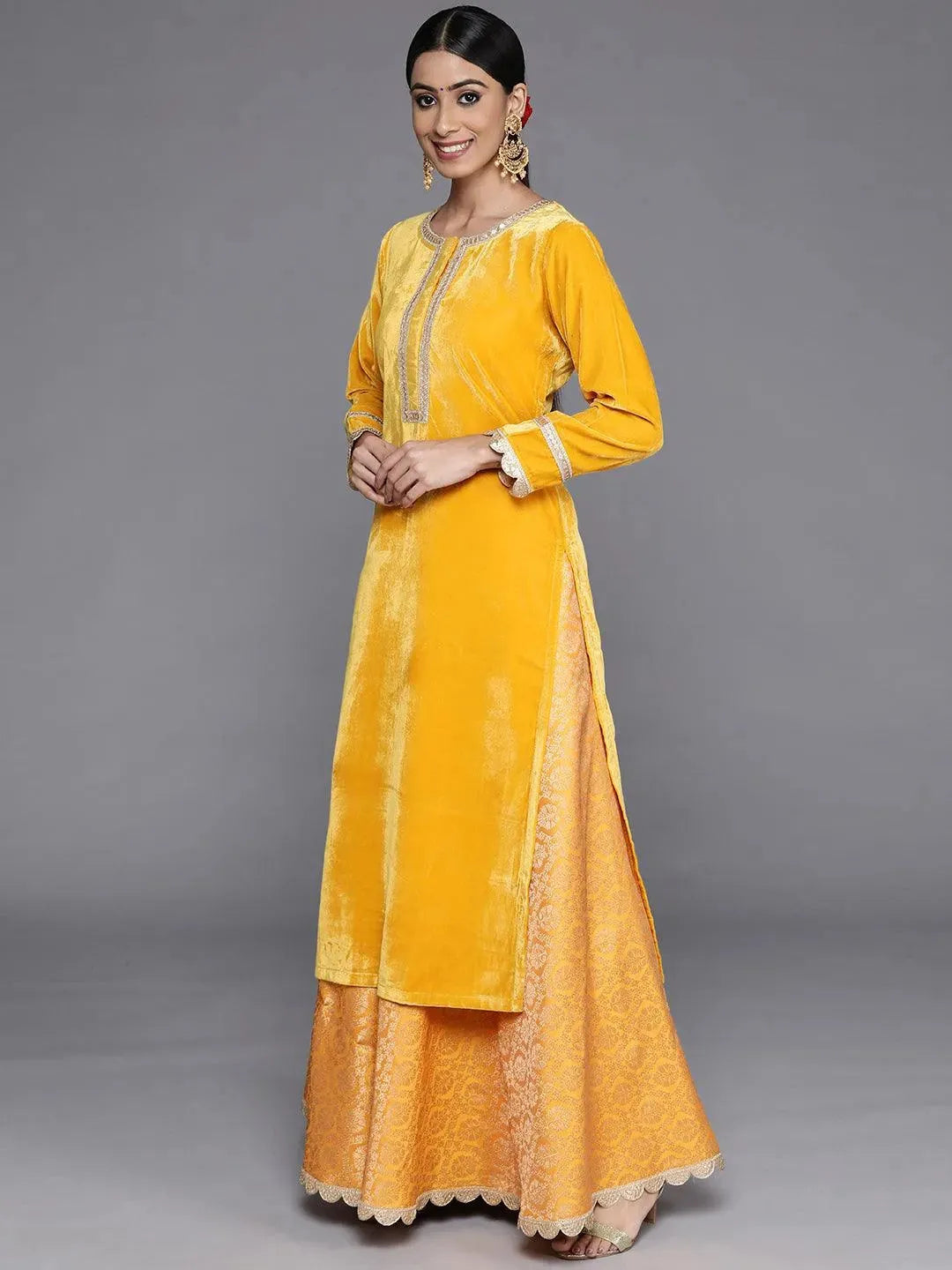 Yellow Yoke Design Velvet Straight Suit Set With Skirt - Libas 