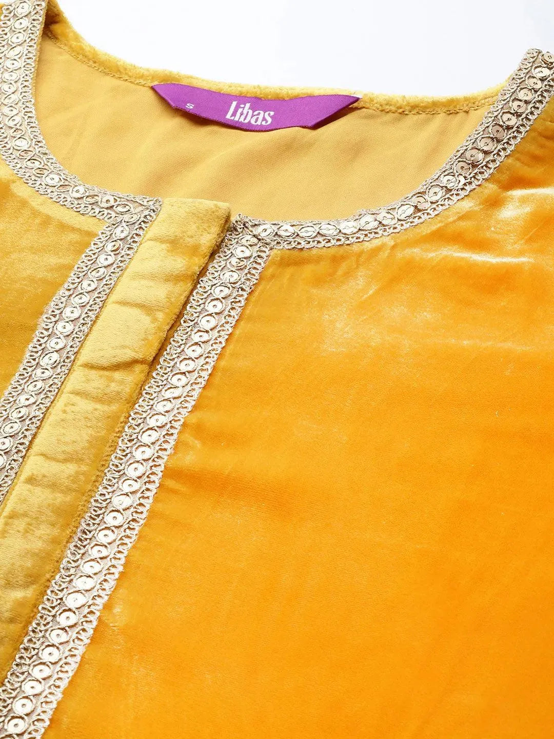 Yellow Yoke Design Velvet Straight Suit Set With Skirt - Libas 