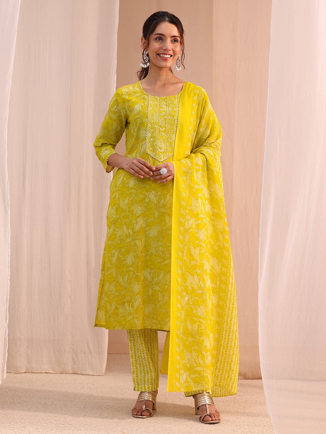 libas Gerua Yellow Yoke Embroidered Cotton Blend Straight Suit Set-picture-50