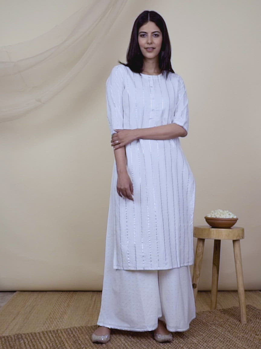 White Woven Design Cotton Kurta