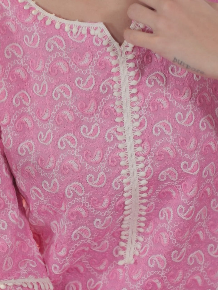 Pink Embroidered Cotton Kurta