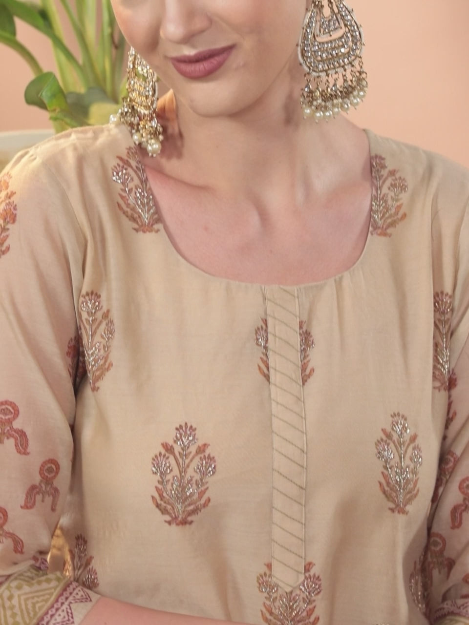  Beige Printed Chanderi Silk Straight Kurta With Palazzos & Dupatta 