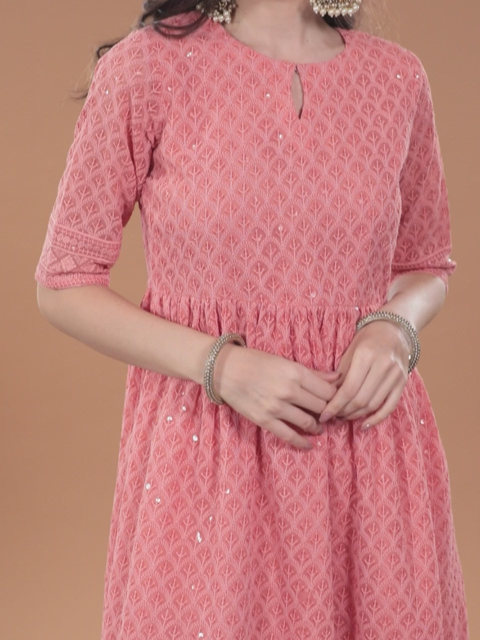  Peach Embroidered Georgette Dress 