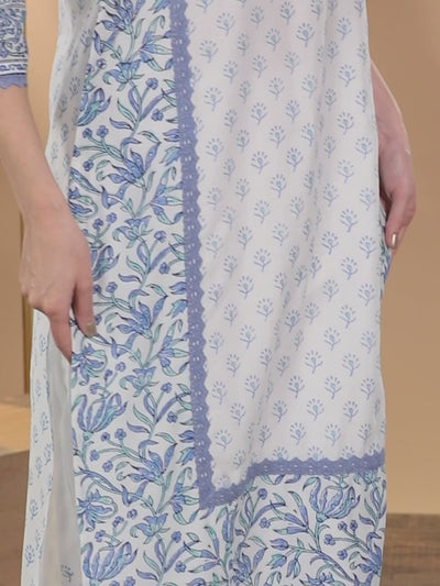 White Printed Silk Straight Kurta With Dupatta