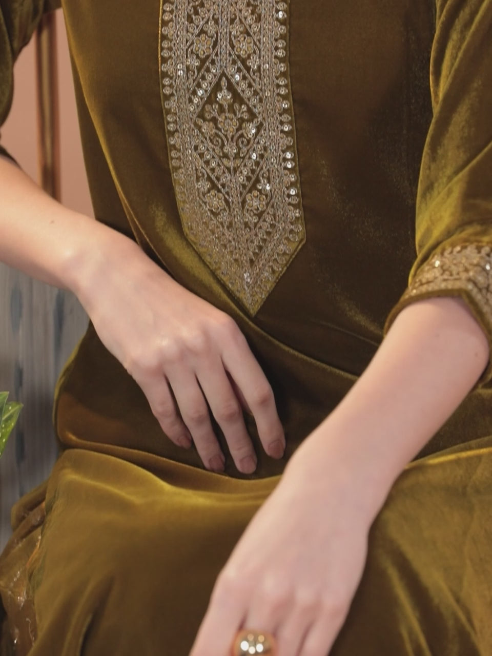 Olive Yoke Design Velvet Straight Kurta With Dupatta