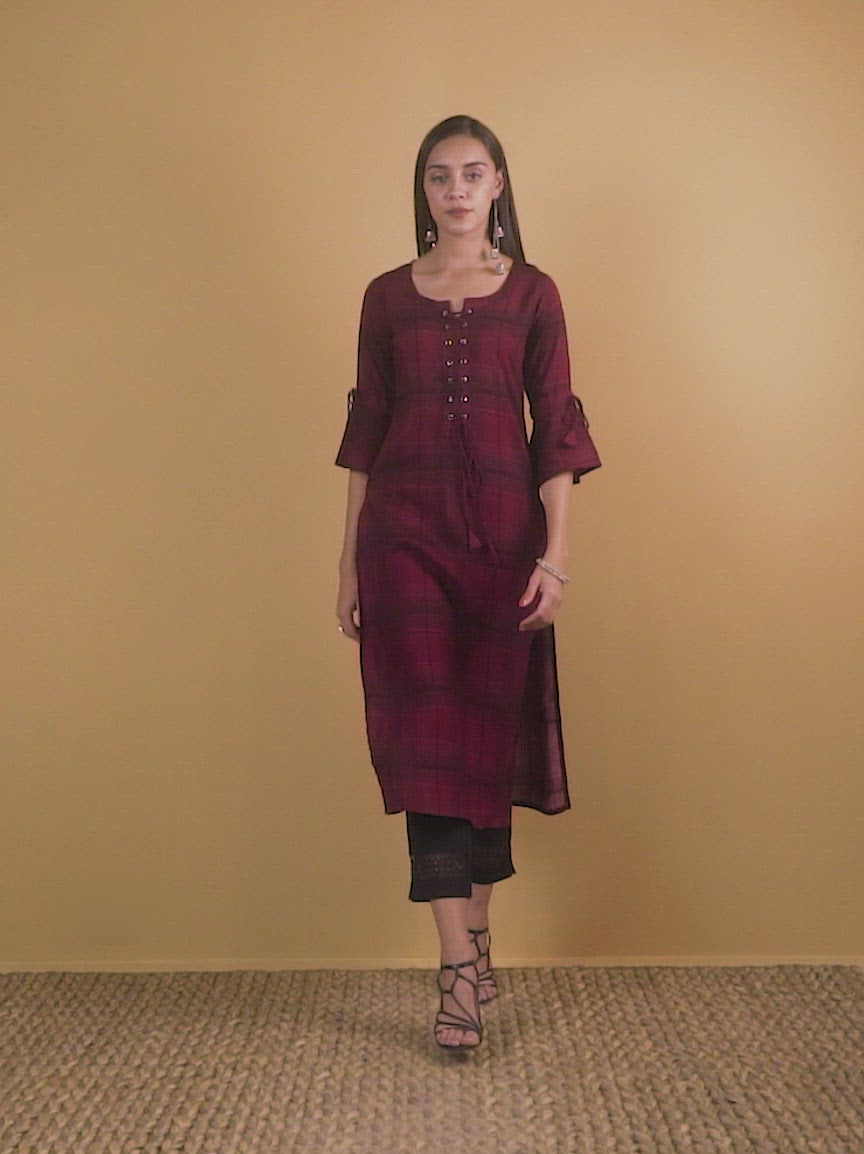 Maroon Checkered Rayon Kurta