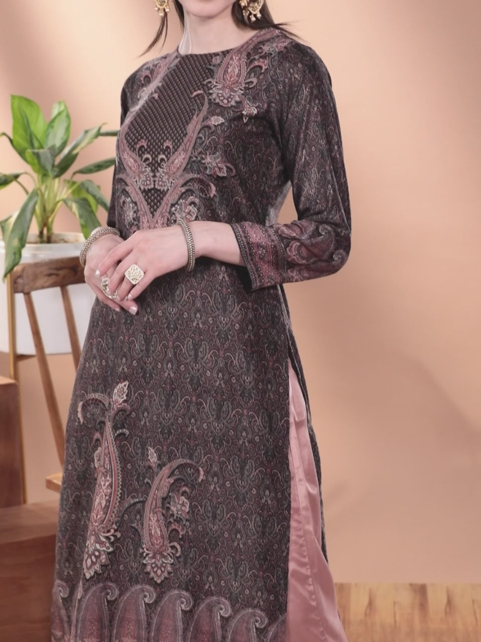 Black Printed Velvet Straight Kurta