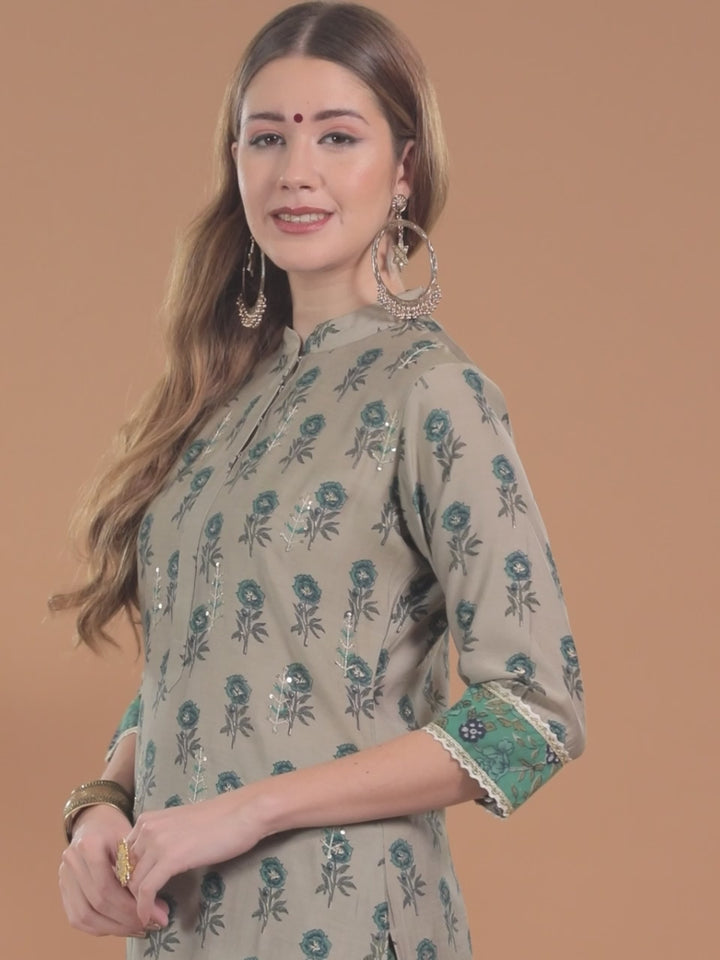 Grey Printed Chanderi Silk Kurta