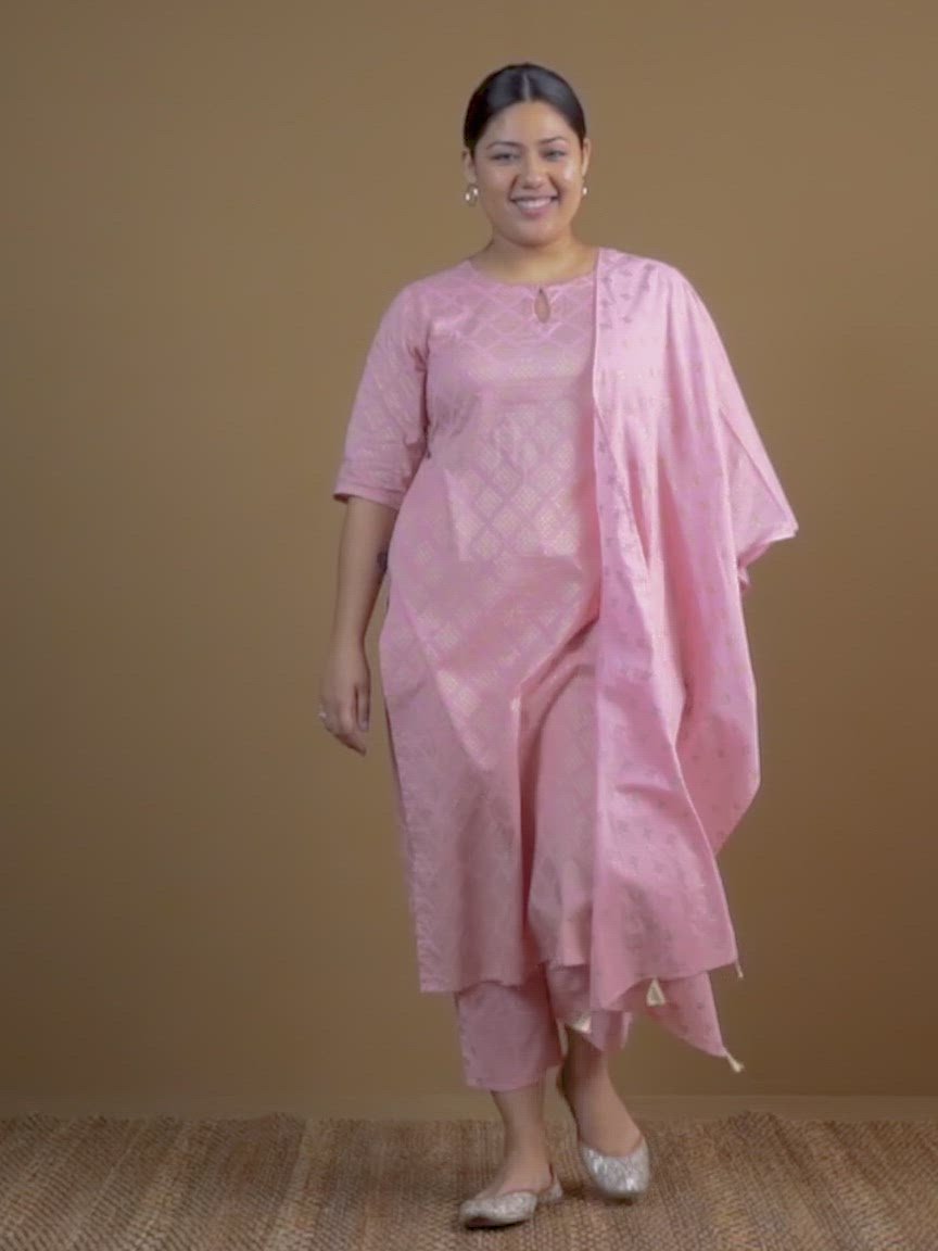  Plus Size Pink Printed Cotton Straight Kurta With Stole 