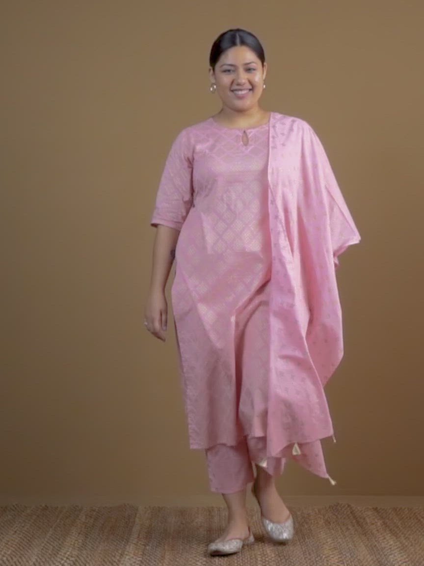 Plus Size Pink Printed Cotton Straight Kurta With Stole