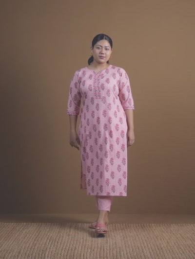 Plus Size Pink Printed Cotton Straight Kurta With Trousers