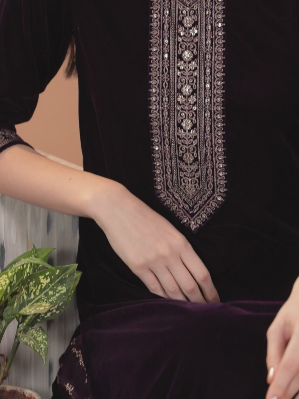  Purple Yoke Design Velvet Straight Kurta With Dupatta 
