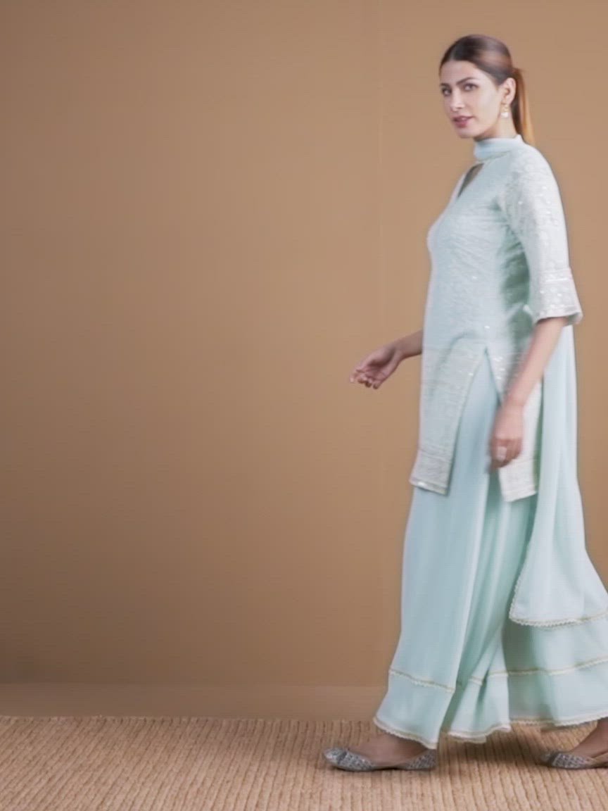  Blue Embroidered Georgette Straight Kurta With Palazzos & Dupatta 