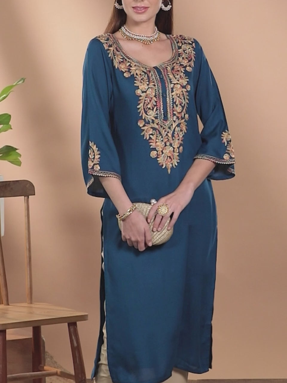 Navy Blue Embroidered Rayon Kurta