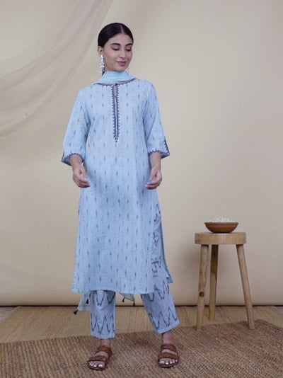 Blue Printed Cotton Straight Kurta With Dupatta