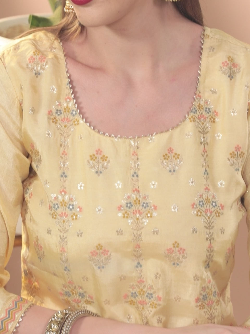 Yellow Woven Design Silk Straight Kurta With Dupatta