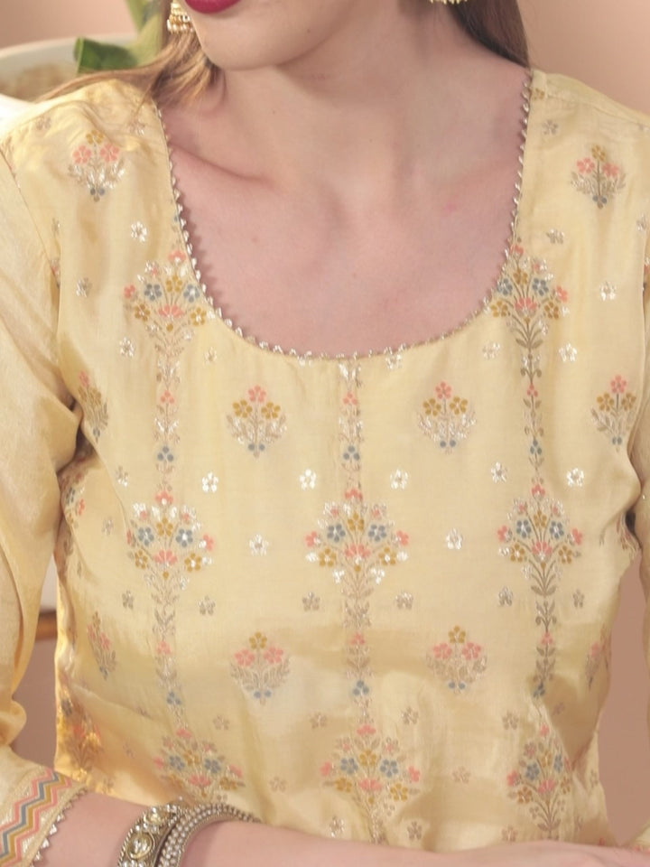 Yellow Woven Design Silk Straight Kurta With Dupatta