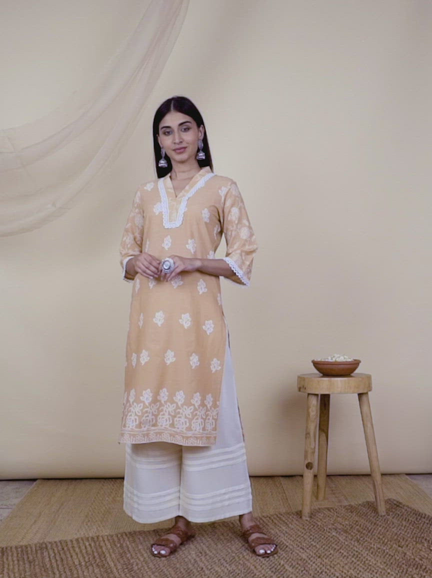  Peach Printed Cotton Kurta 