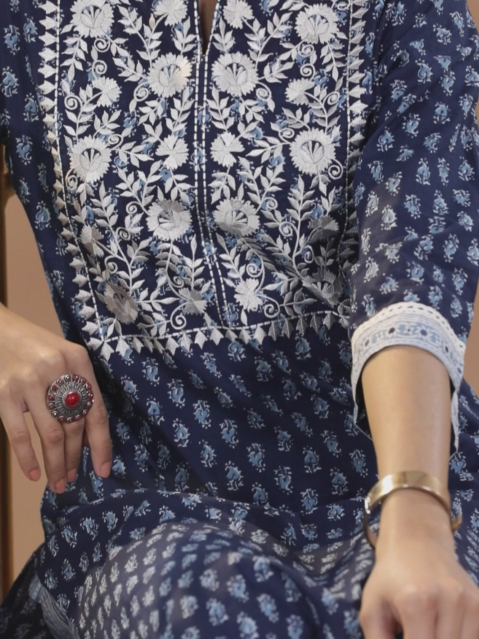  Navy Blue Printed Cotton Kurta 