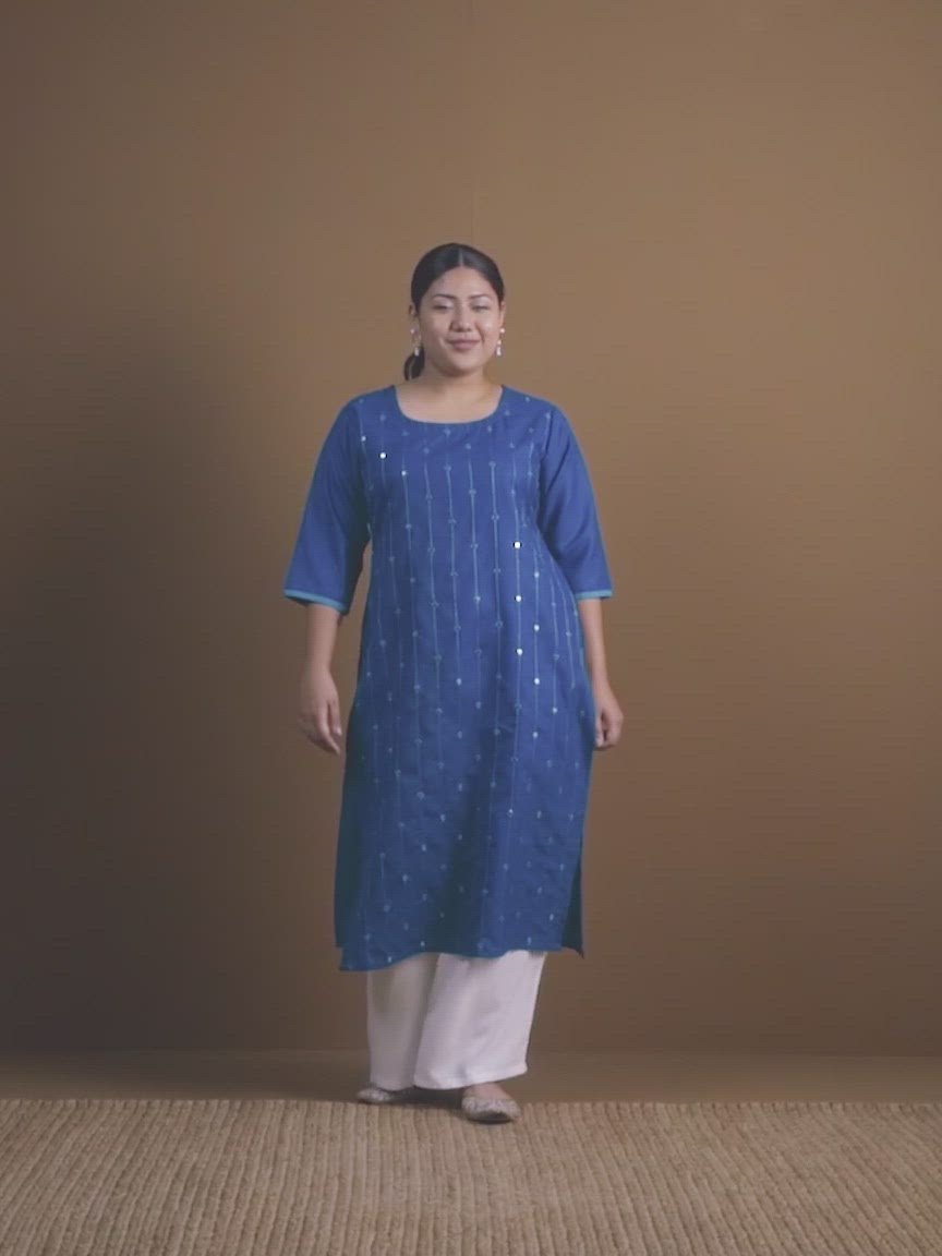  Plus Size Blue Mirror Work Cotton Kurta 