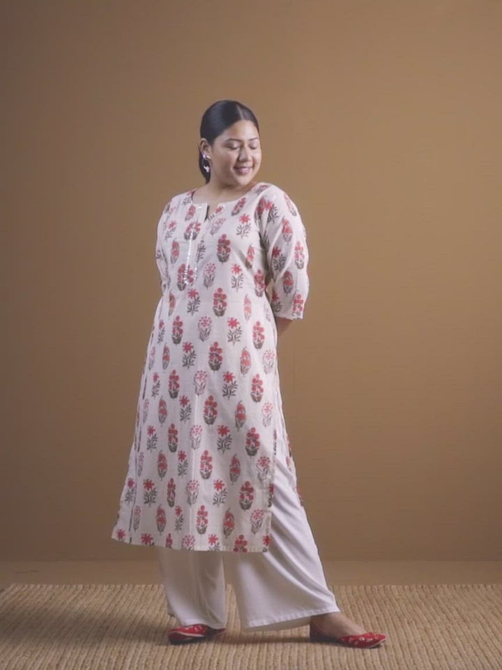 Plus Size Cream Printed Cotton Kurta