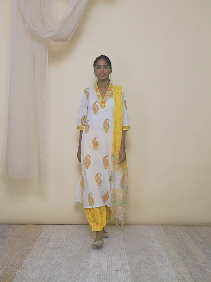 White Printed Cotton Straight Kurta With Salwar & Dupatta