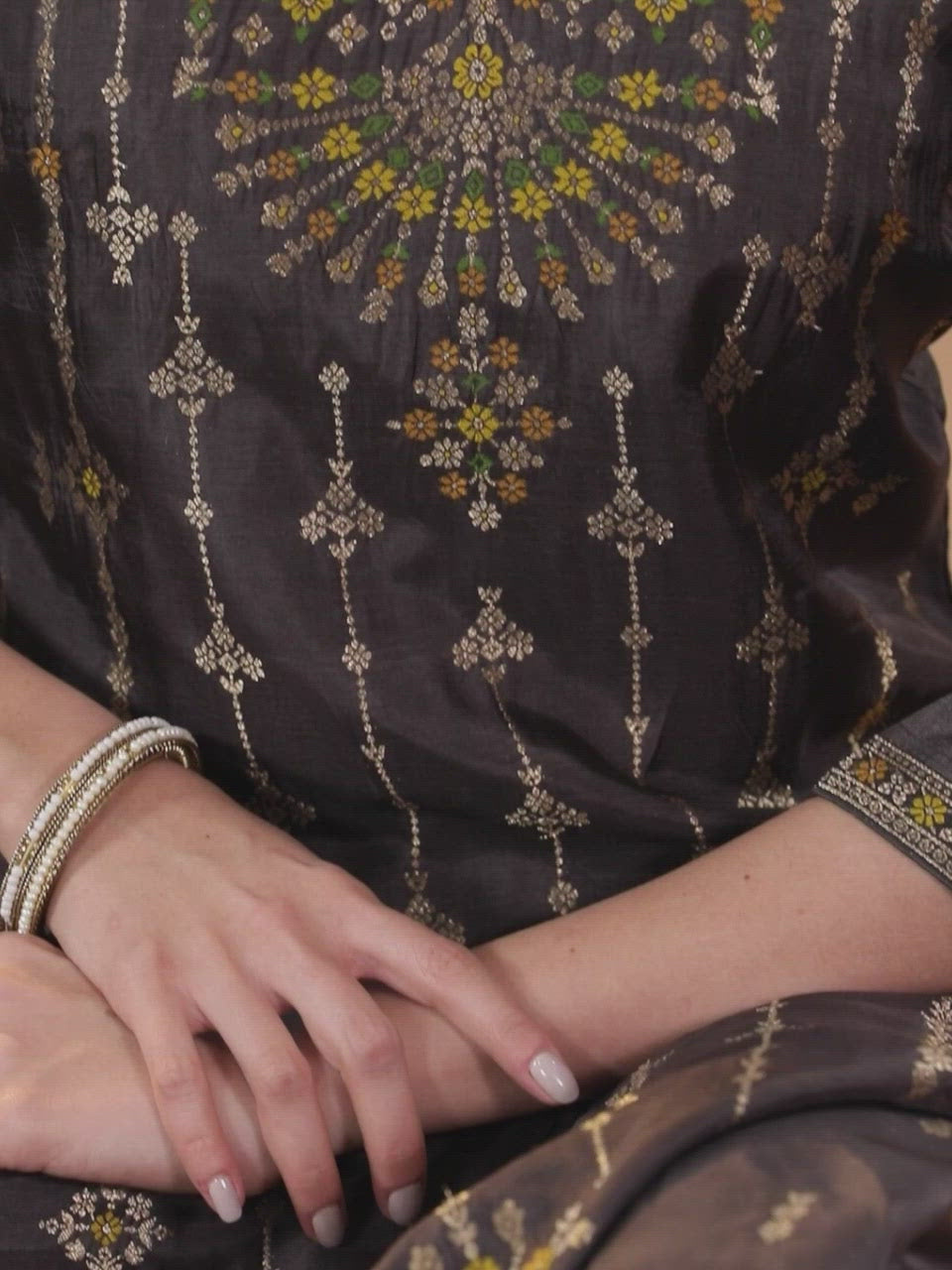  Charcoal Self Design Silk Straight Kurta With Dupatta 
