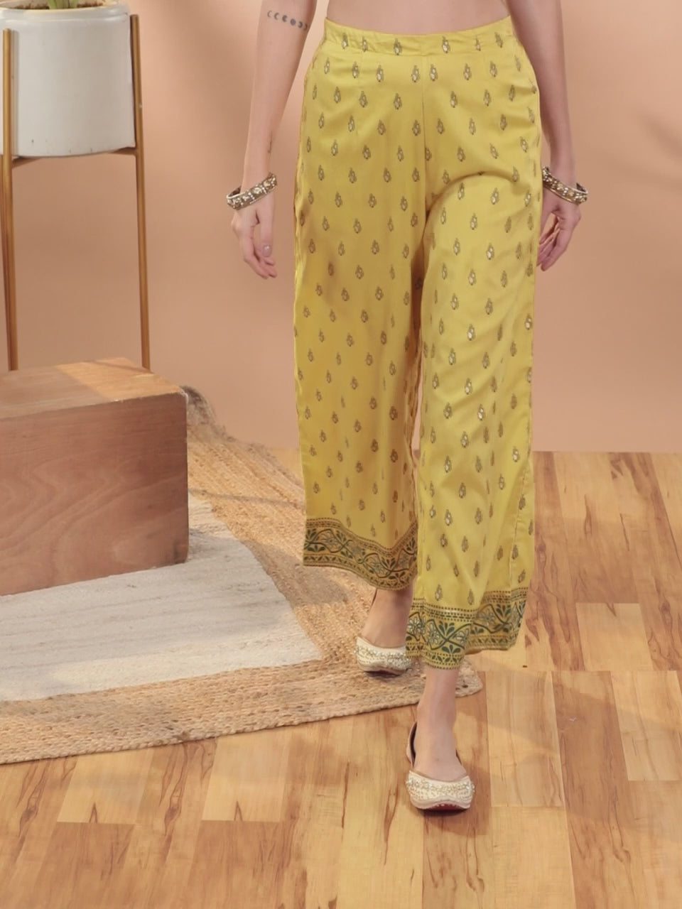  Yellow Printed Silk Palazzos 