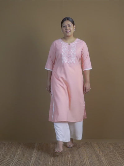Plus Size Pink Embroidered Cotton Kurta