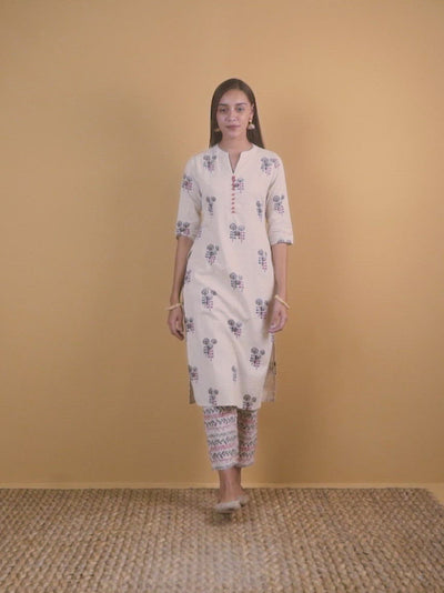 Off-White Printed Cotton Straight Kurta With Trousers