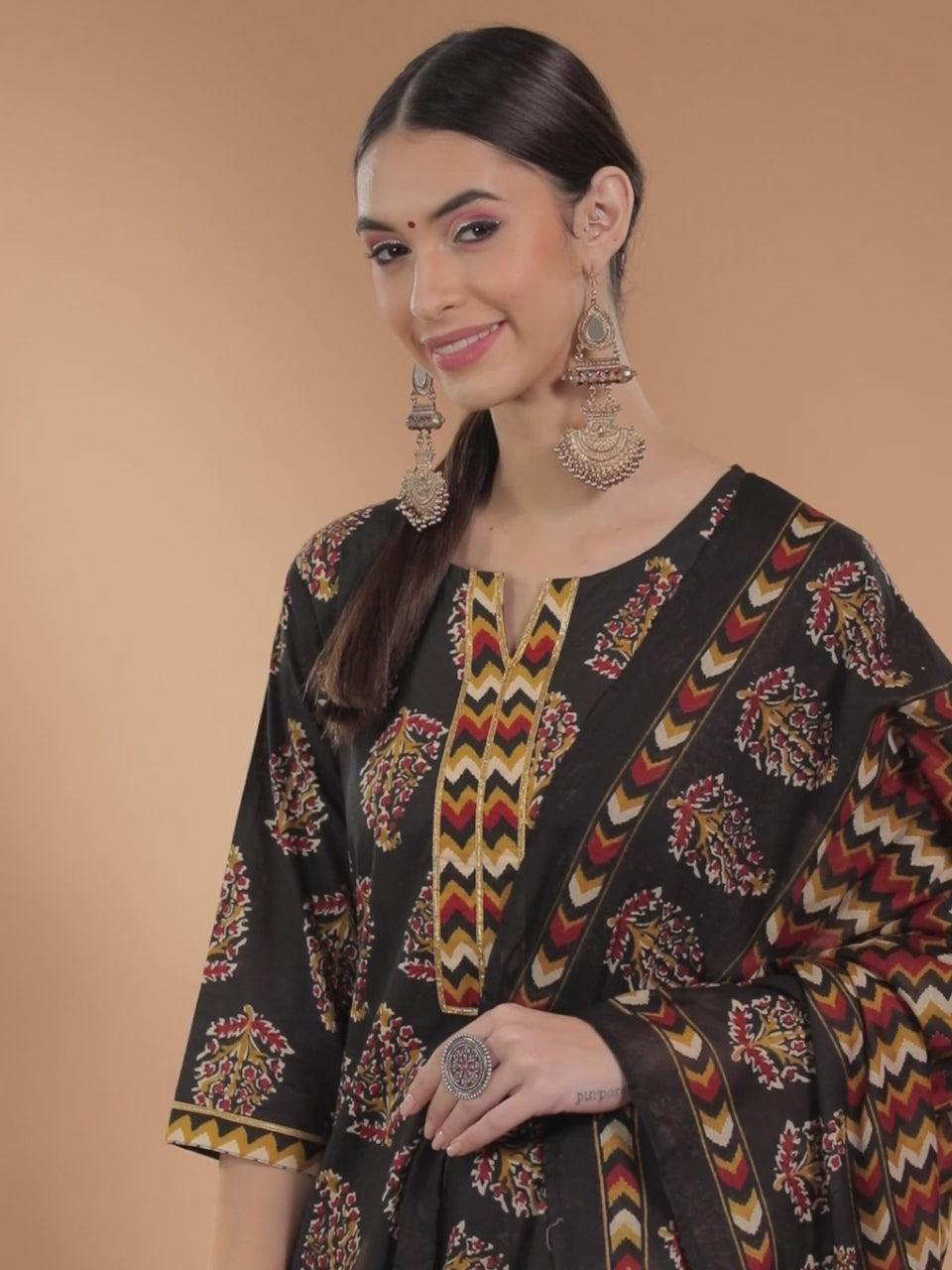 Black Printed Cotton Straight Kurta With Palazzos & Dupatta