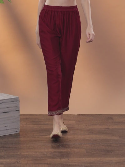 Maroon Solid Silk Trousers