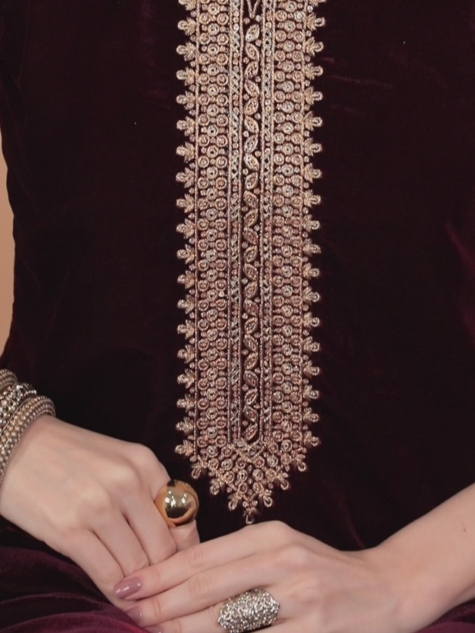  Burgundy Embroidered Velvet Straight Kurta With Trousers & Dupatta 