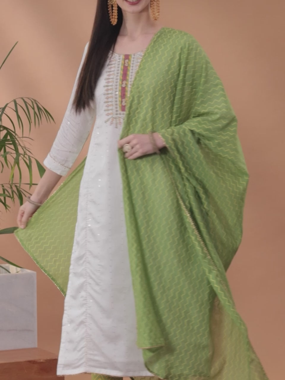  Cream Embroidered Chanderi Silk Straight Kurta With Trousers & Dupatta 